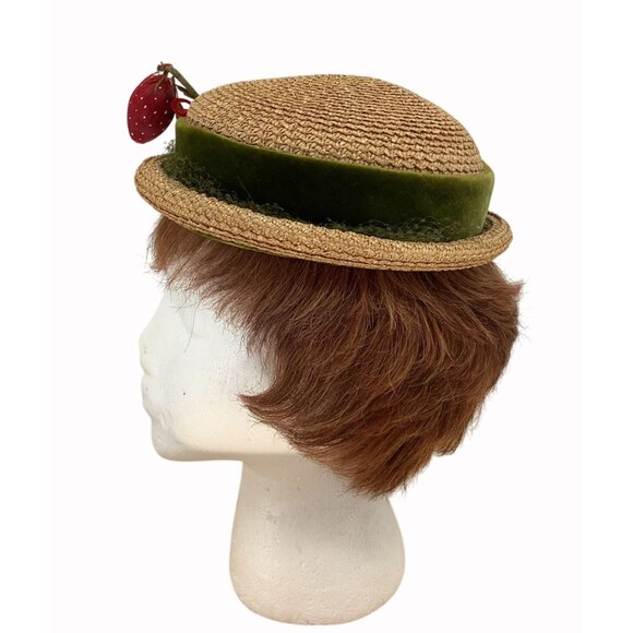 Vintage 60s Alfreda Inc Straw Boater Hat With Green Velvet Band & Red Strawberry - Picture 7 of 11